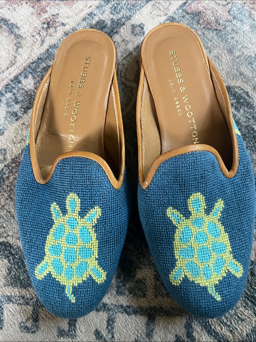STUBBS & WOOTEN tapestry TURTLE MULES slides Sz 5.5, 51/2 blue